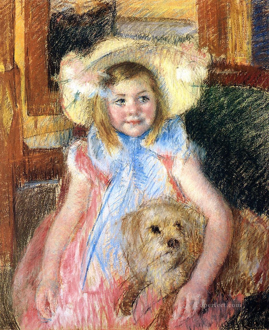 Sara in a Large Flowered Hat Looking Right Holding Her Dog impressionism mothers children Mary Cassatt Oil Paintings